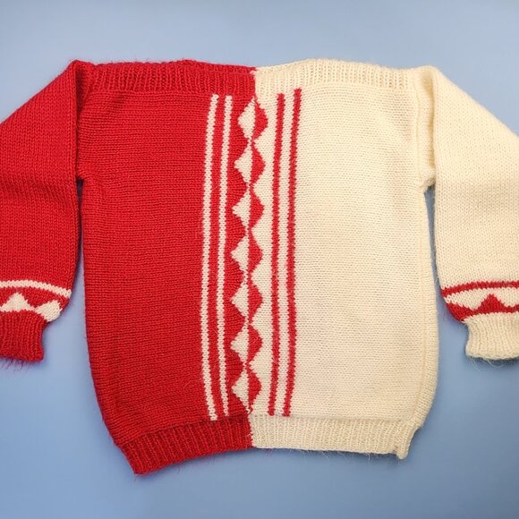 Handmade Wool Sweater | Women’s Small Medium | Red & White Cozy Pullover 1980s - Picture 1 of 11